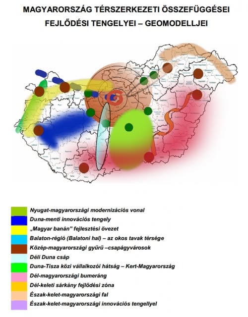 Az eredeti ábra: Magyarország térszerkezeti összefüggései, fejlődési tengelyei – geomodelljei, jelmagyarázattal